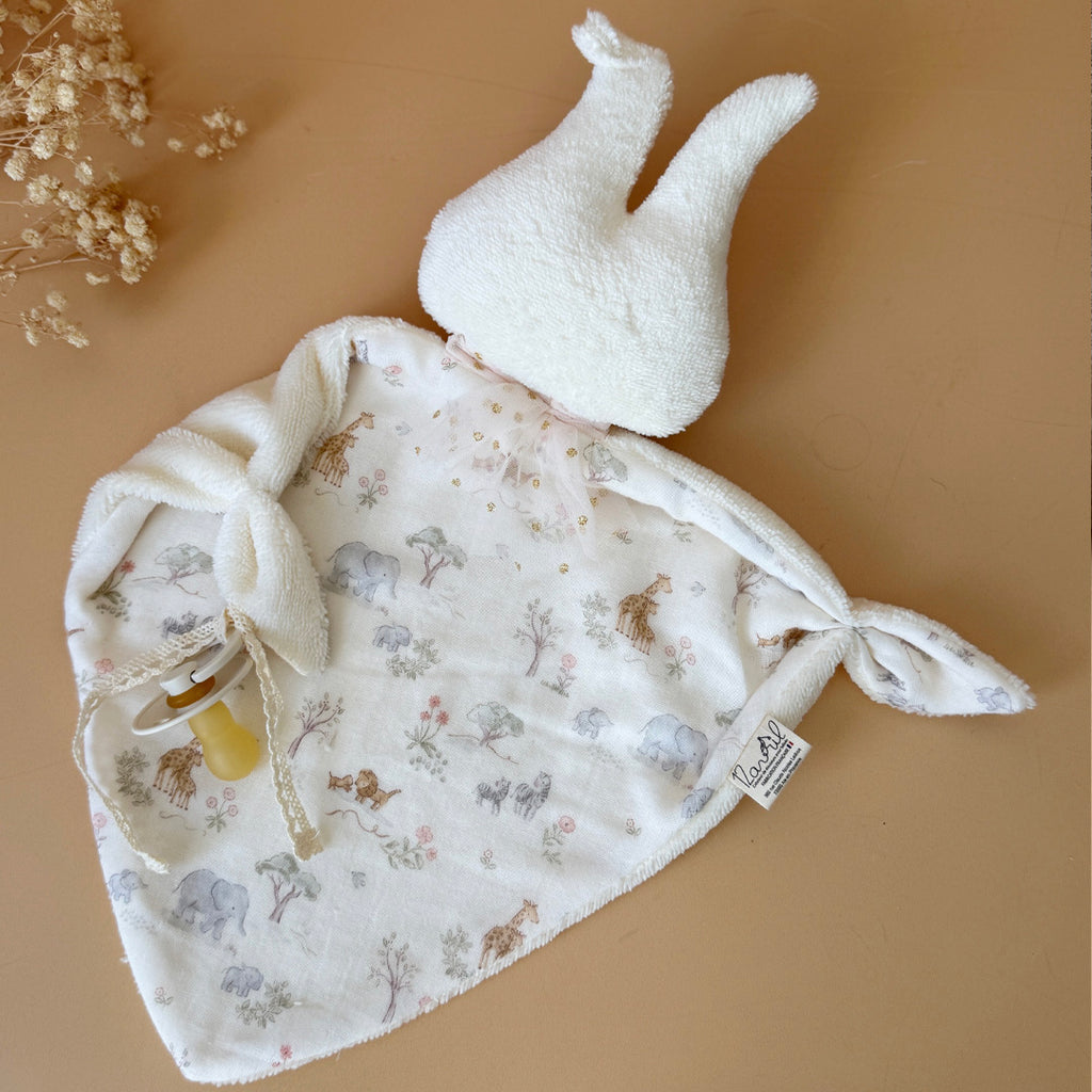 Doudou lange lapin - Micro éponge écrue et motif jungle
