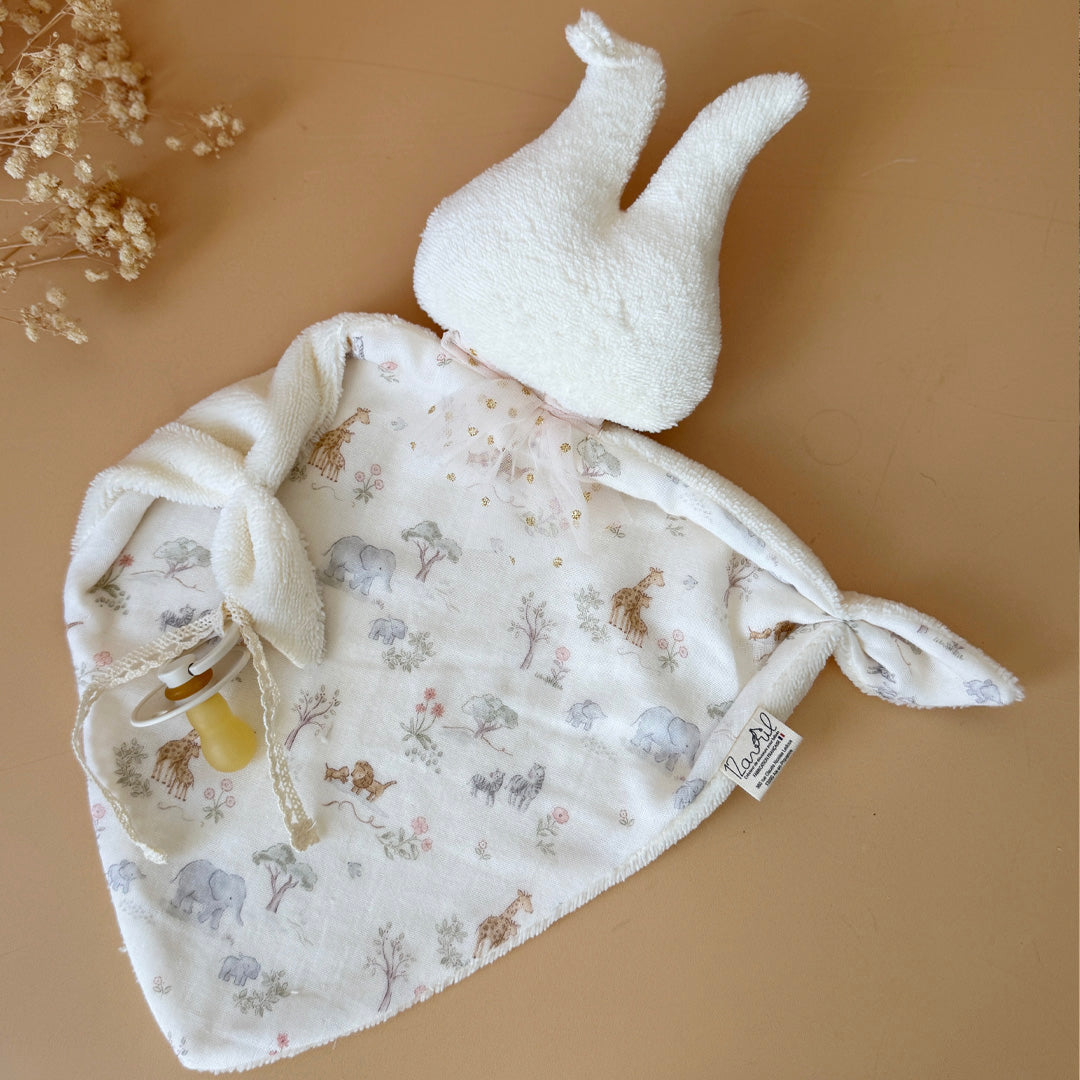Doudou lange lapin - Micro éponge écrue et motif jungle