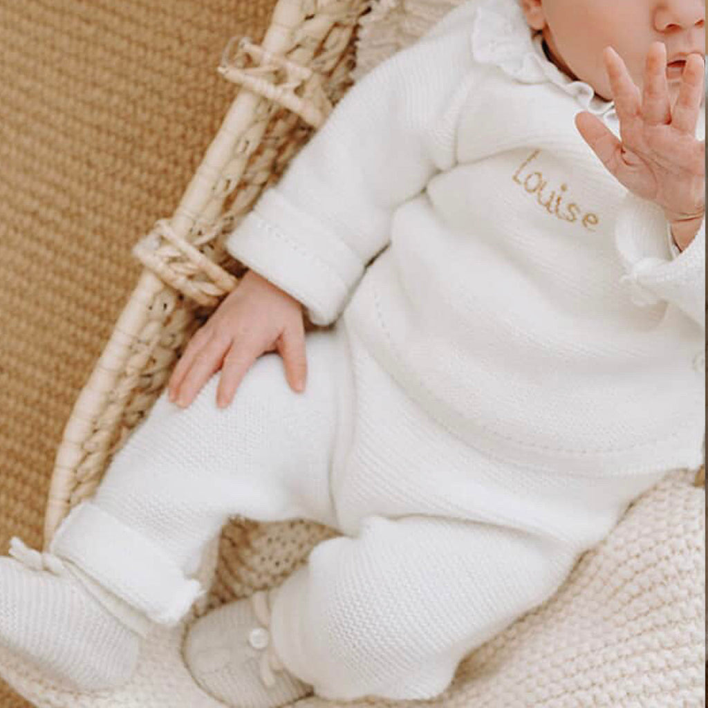 Ensemble de naissance blanc - Brassière col en tissu dentelé + pantalon
