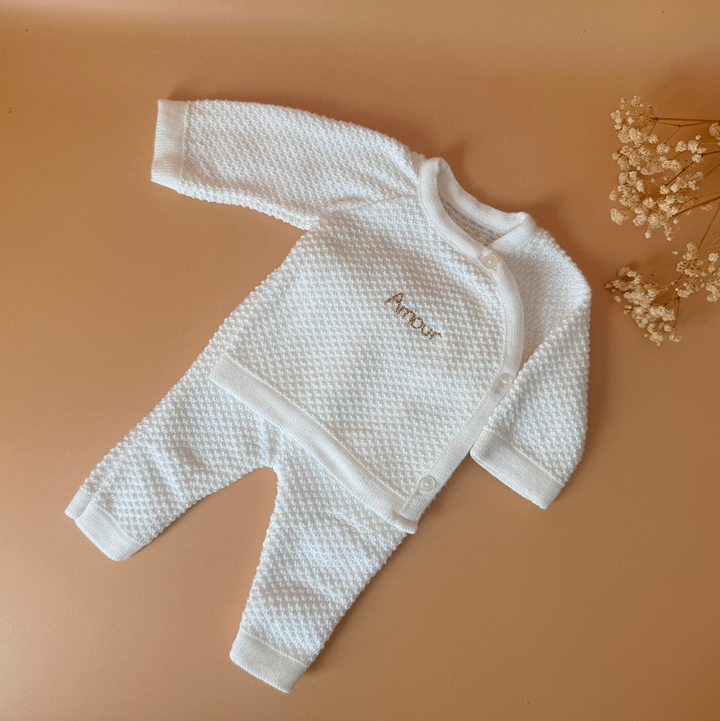 👶 Ensemble de naissance blanc en maille nid d'abeille – personnalisable
