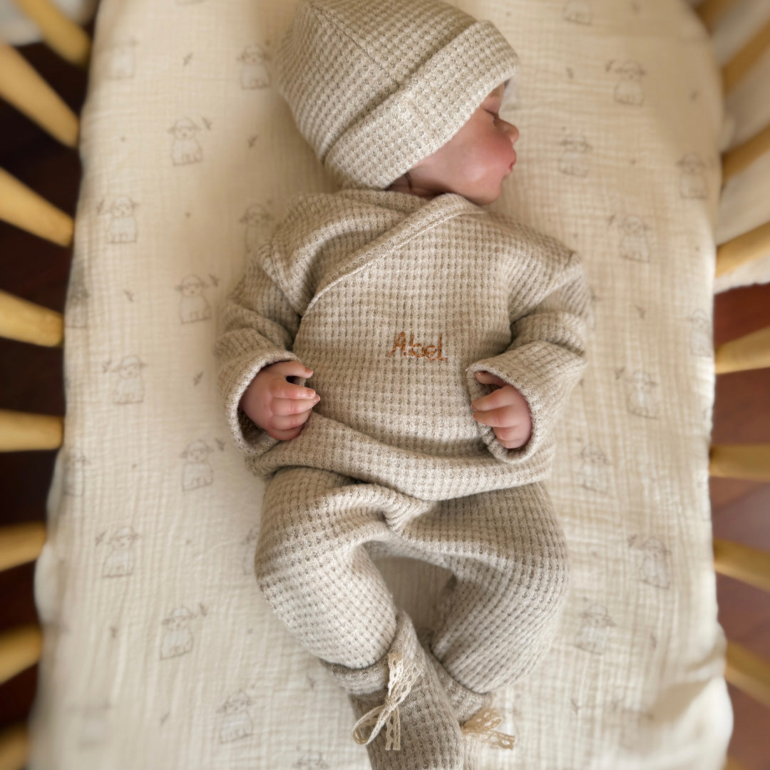 Ensemble de naissance Grège - Brassière + pantalon maille nid d'abeille grattée