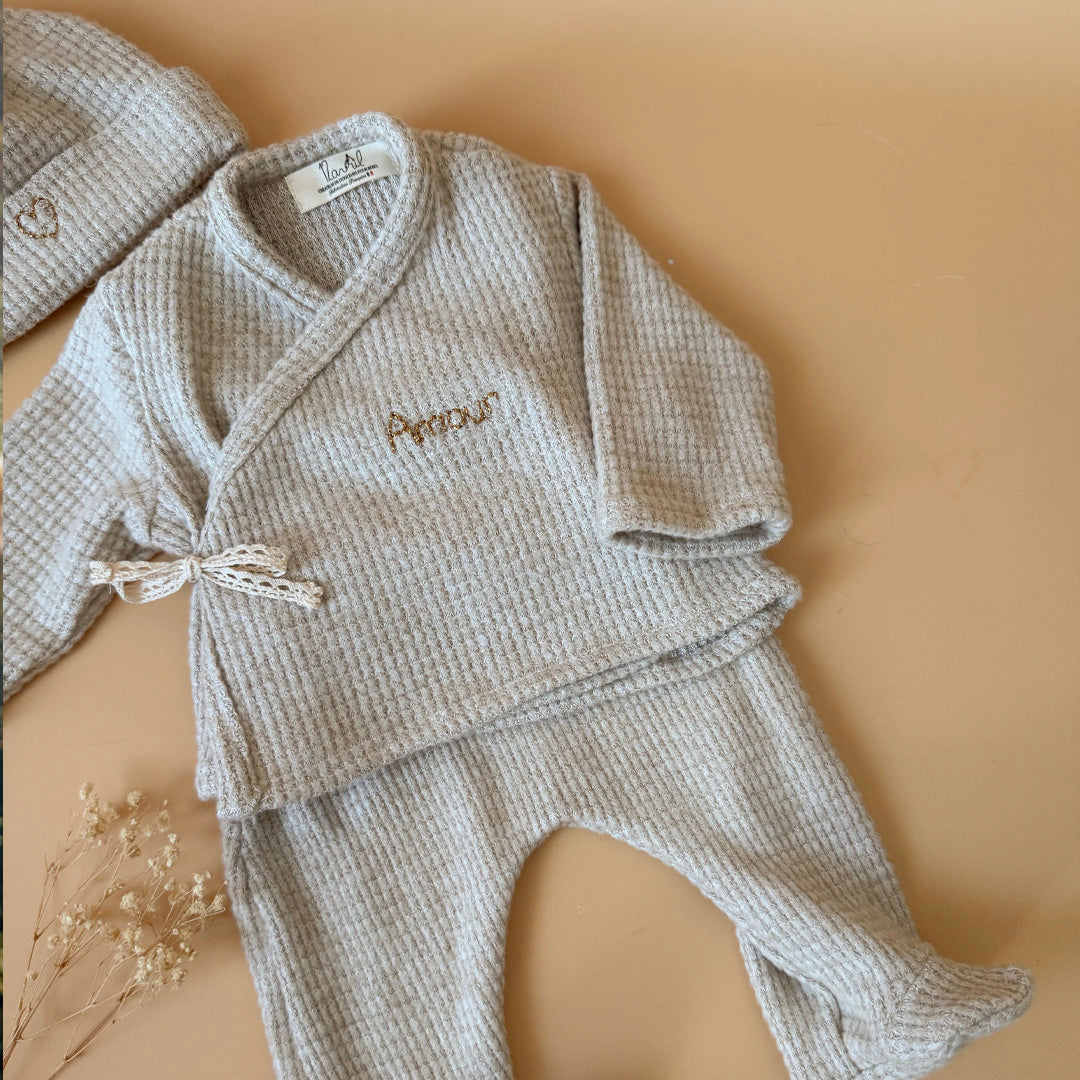 Ensemble de naissance Grège - Brassière + pantalon maille nid d'abeille grattée