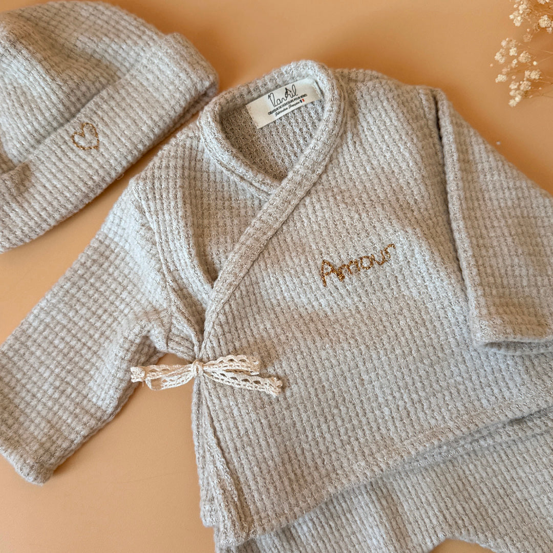 Ensemble de naissance Grège - Brassière + pantalon maille nid d'abeille grattée