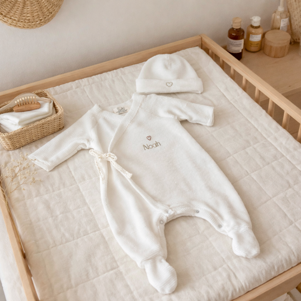 Le bonnet de naissance personnalisé pour bébé en maille velours côtelée est l'accessoire idéal pour les premiers jours de votre nouveau-né. Confectionné avec soin dans une maille éponge côtelée , ce bonnet offre à votre bébé douceur et confort incomparables. Il est fabriqué dans l’un de nos ateliers partenaires français. Un cadeau parfaitement adapté pour accueillir votre petit trésor dans le monde avec tendresse et douceur. Retrouvez dans la même gamme, nos petits chaussons de naissance. Grâce à sa texture