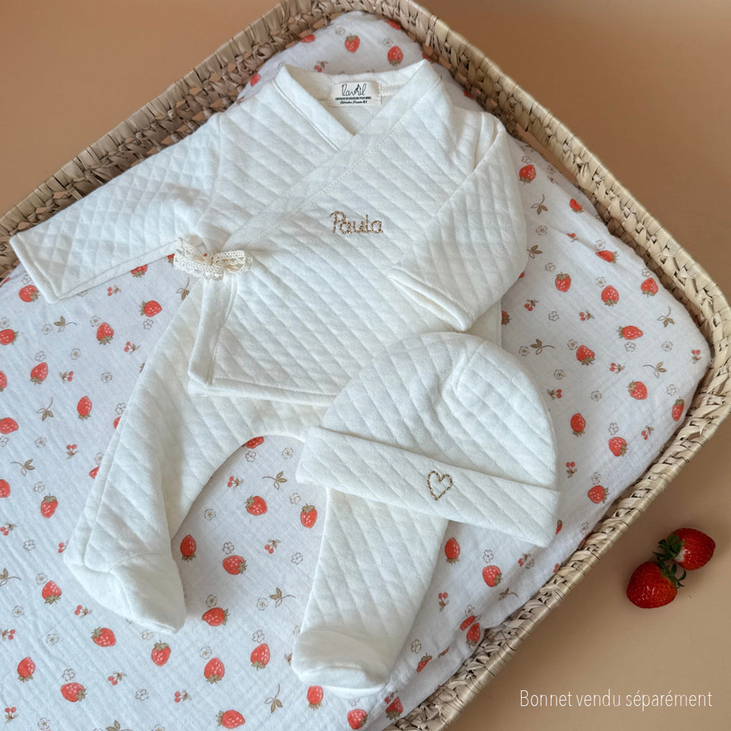 Ensemble de naissance en maille écrue matelassée - Brassière + pantalon