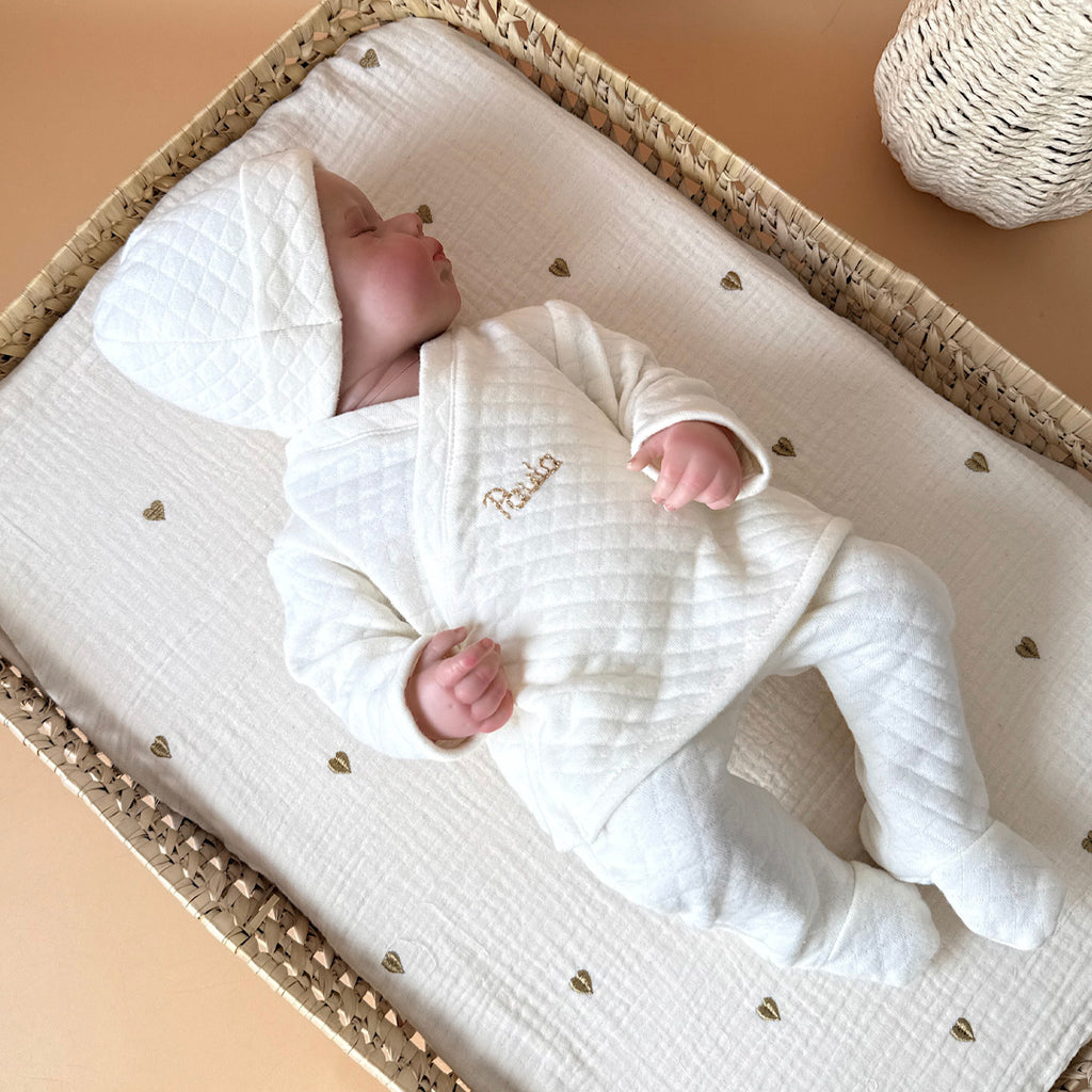 Ensemble de naissance en maille écrue matelassée - Brassière + pantalon