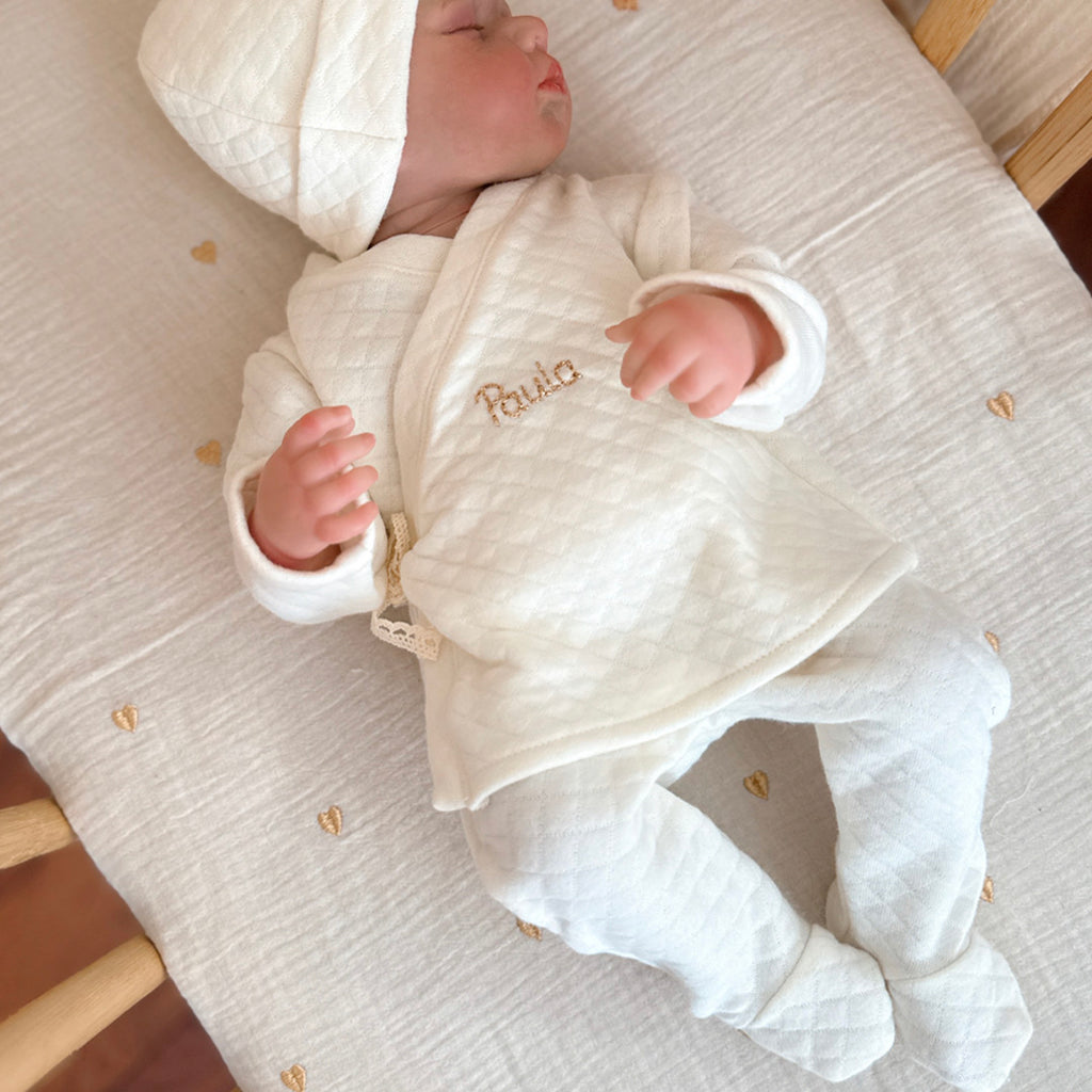 Ensemble de naissance en maille écrue matelassée - Brassière + pantalon