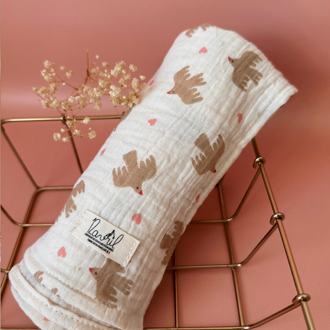 Lange en gaze de coton - Motif Oiseaux / Coeurs rose