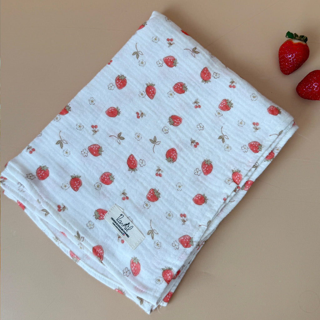 Maxi-lange en gaze de coton - Motif fraises cerises