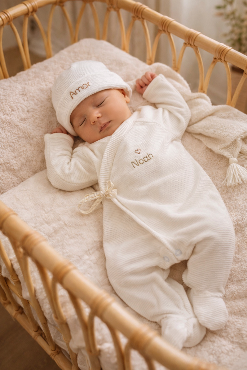 Offrez à votre nouveau-né un confort absolu avec notre pyjama de naissance écru en mini maille côtelée, soigneusement fabriqué en France. Ce pyjama allie douceur et praticité, idéal pour les premiers mois de bébé. Son design élégant en maille de velours côtelé offre une texture agréable au toucher, tandis que sa teinte écrue apporte une touche intemporelle. Il se distingue par sa personnalisation au prénom de votre enfant, en faisant un cadeau unique et inoubliable. Pratique, il est doté d'une fermeture sur