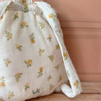 sac à dos en gaze de coton motif citrons, peroonnalisé a prénom de votre choux, 12avril