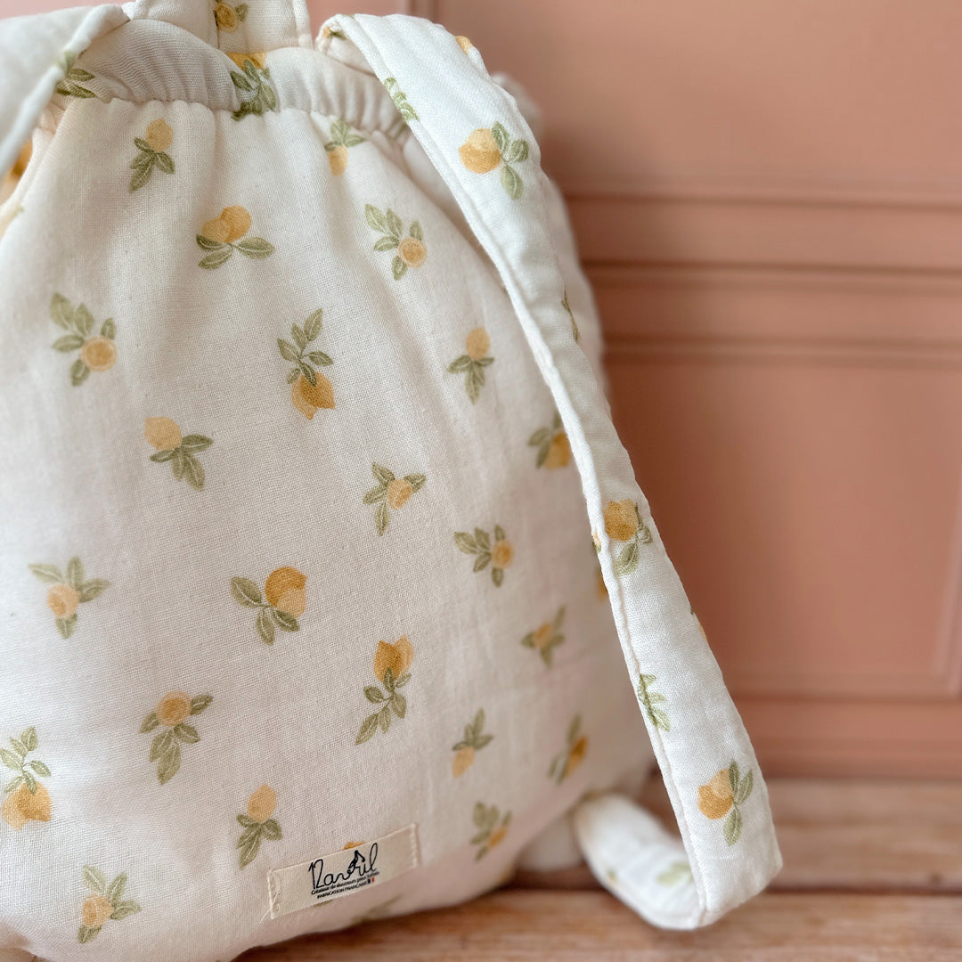 sac à dos en gaze de coton motif citrons, peroonnalisé a prénom de votre choux, 12avril