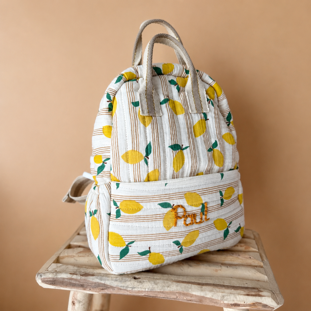 Sac à dos maternelle prénom personnalisé – Matelassé motif Citrons