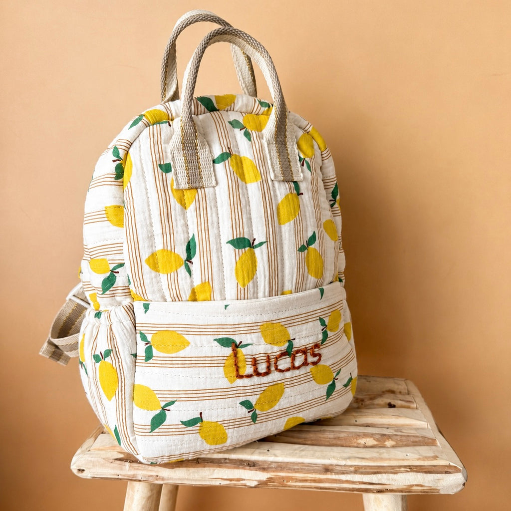 Sac à dos maternelle prénom personnalisé – Matelassé motif Citrons