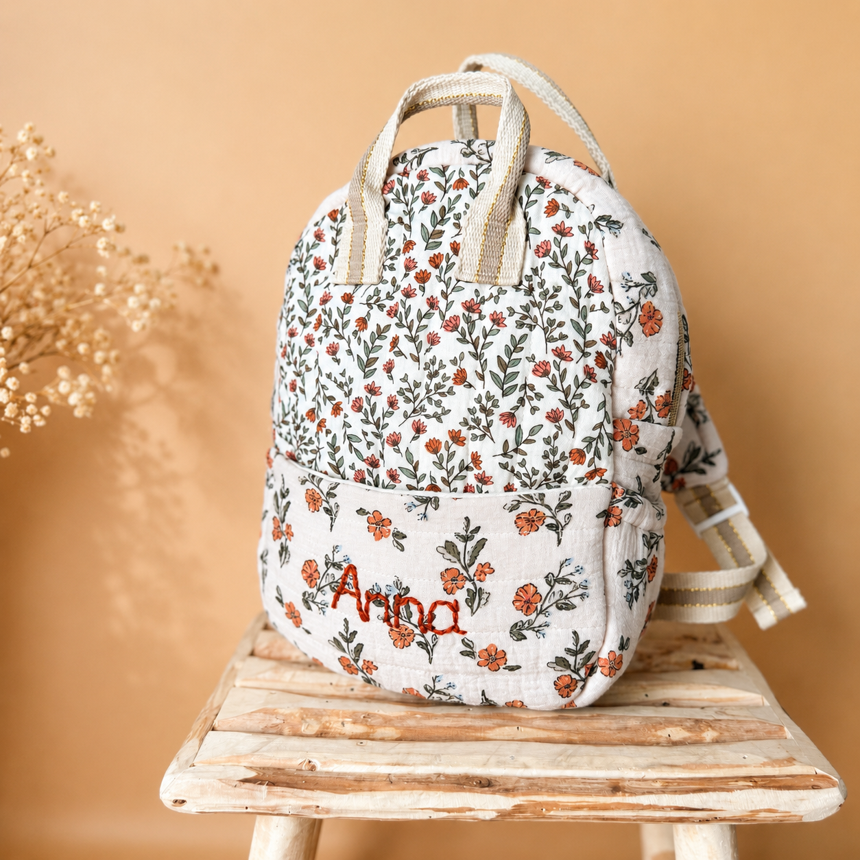 Sac à dos maternelle prénom personnalisé – Matelassé motif Fleuri