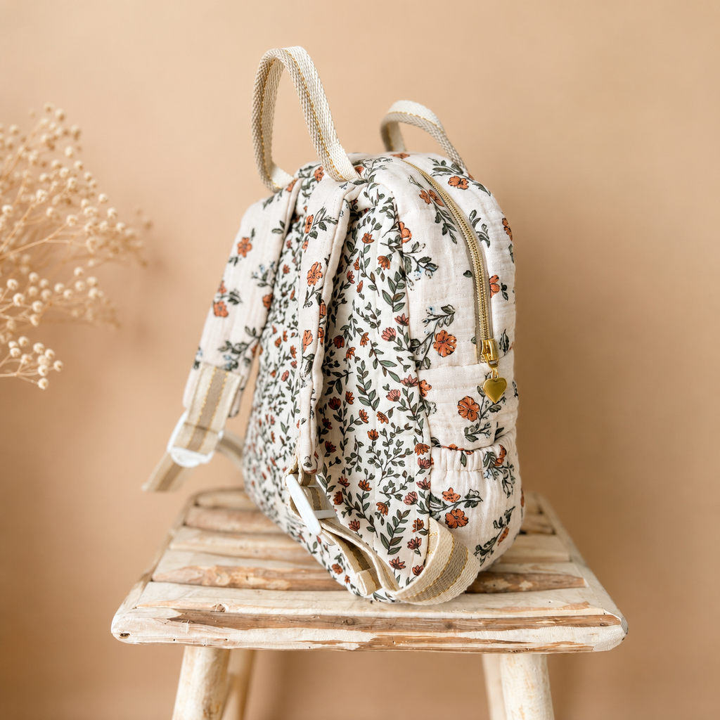 Sac à dos maternelle prénom personnalisé – Matelassé motif Fleuri