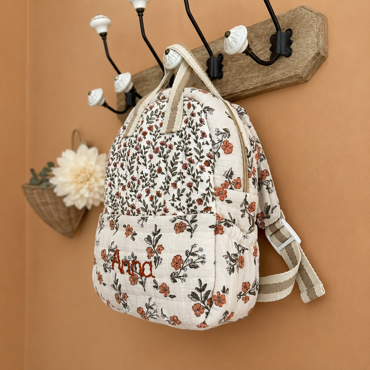 Sac à dos maternelle prénom personnalisé – Matelassé motif Fleuri