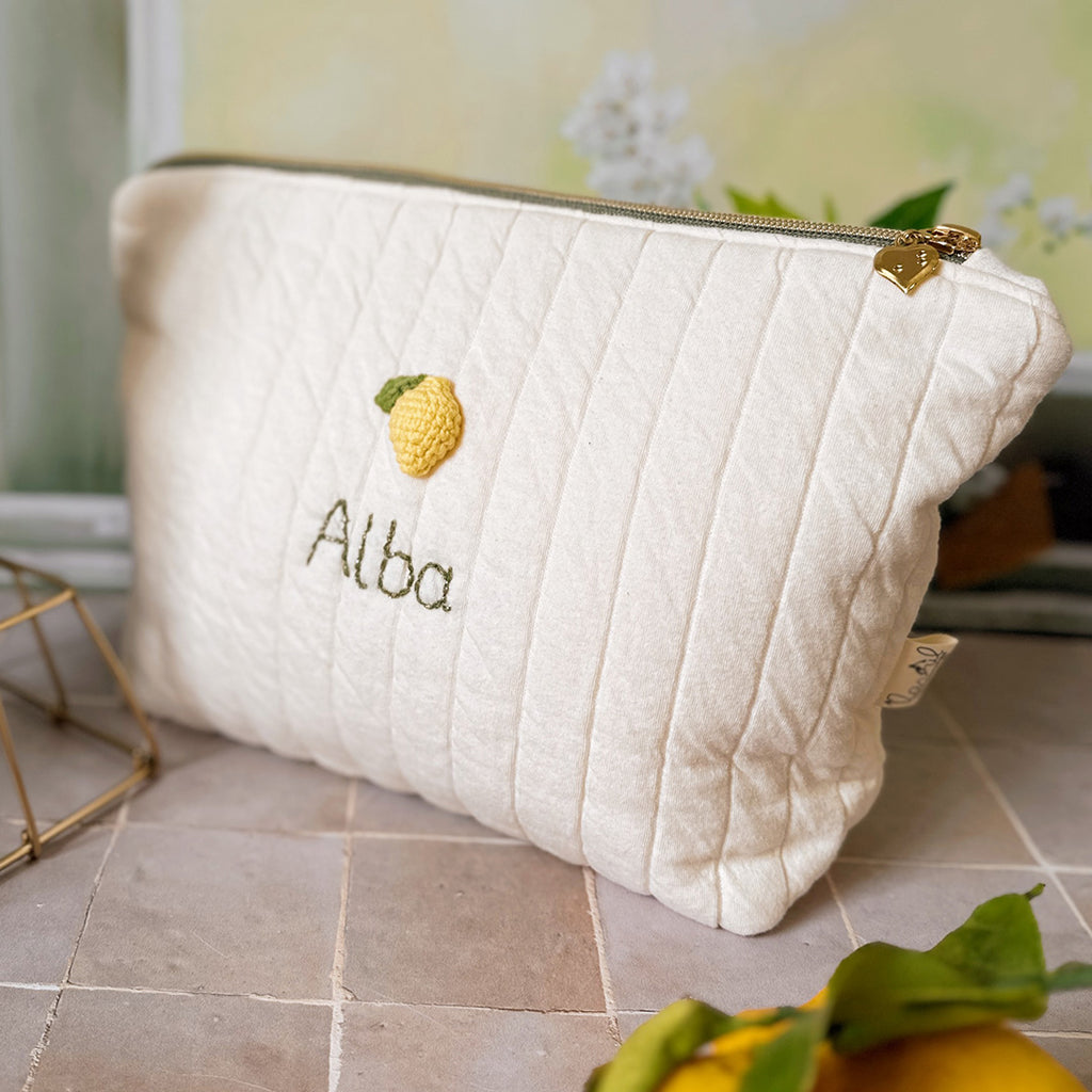Trousse de toilette matelassée écrue personnalisée - Citron - Made in France