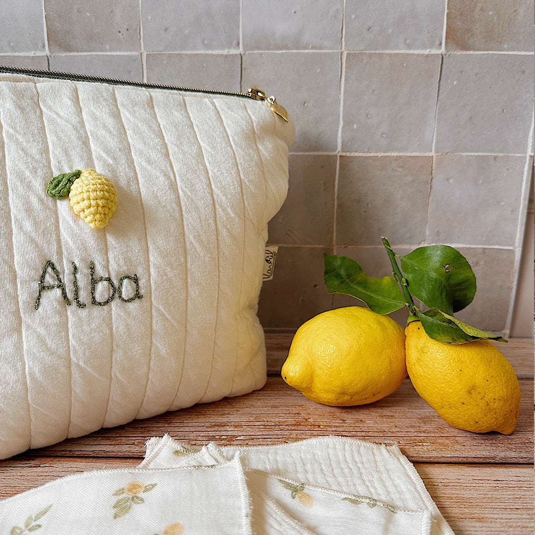 Trousse de toilette matelassée écrue personnalisée - Citron - Made in France