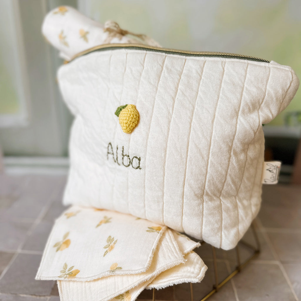 Trousse de toilette matelassée écrue personnalisée - Citron - Made in France