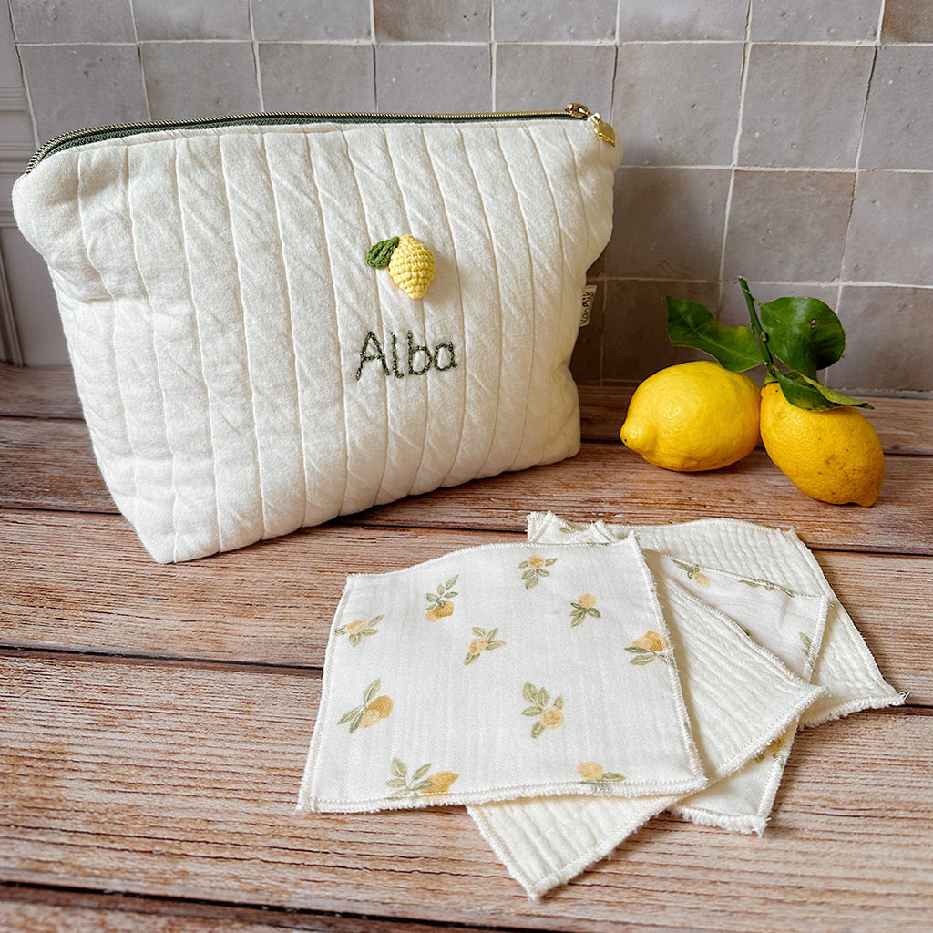 Trousse de toilette matelassée écrue personnalisée - Citron - Made in France