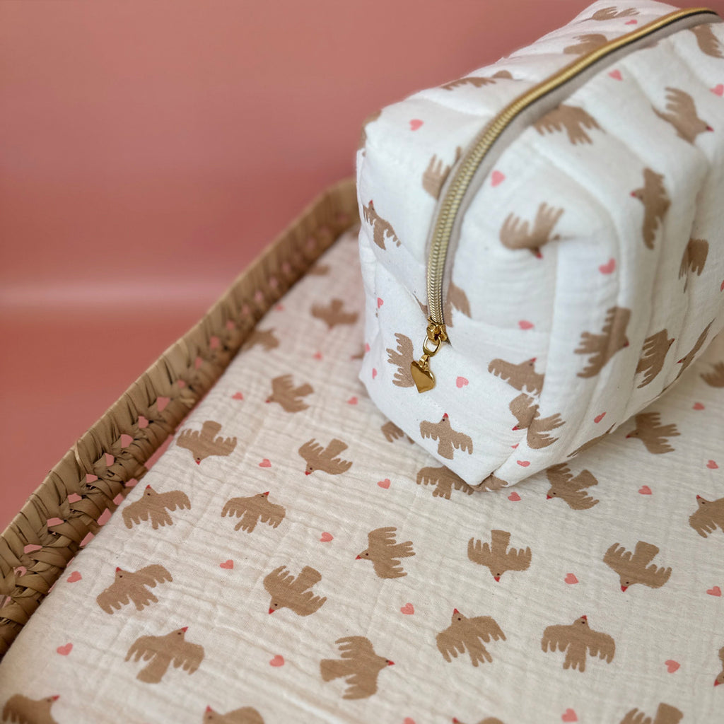 Trousse de toilette matelassée - Motif Oiseaux / Coeurs rose