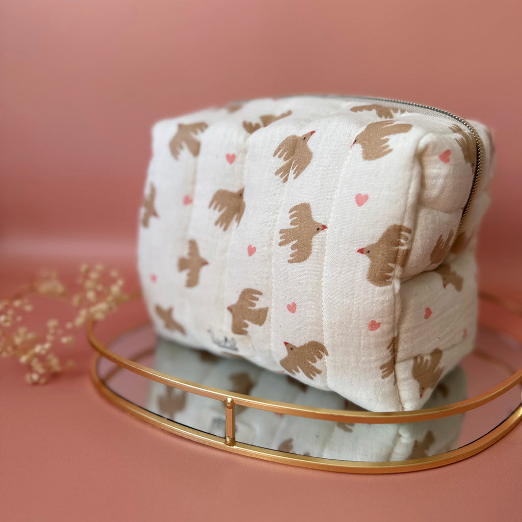 Trousse de toilette matelassée - Motif Oiseaux / Coeurs rose
