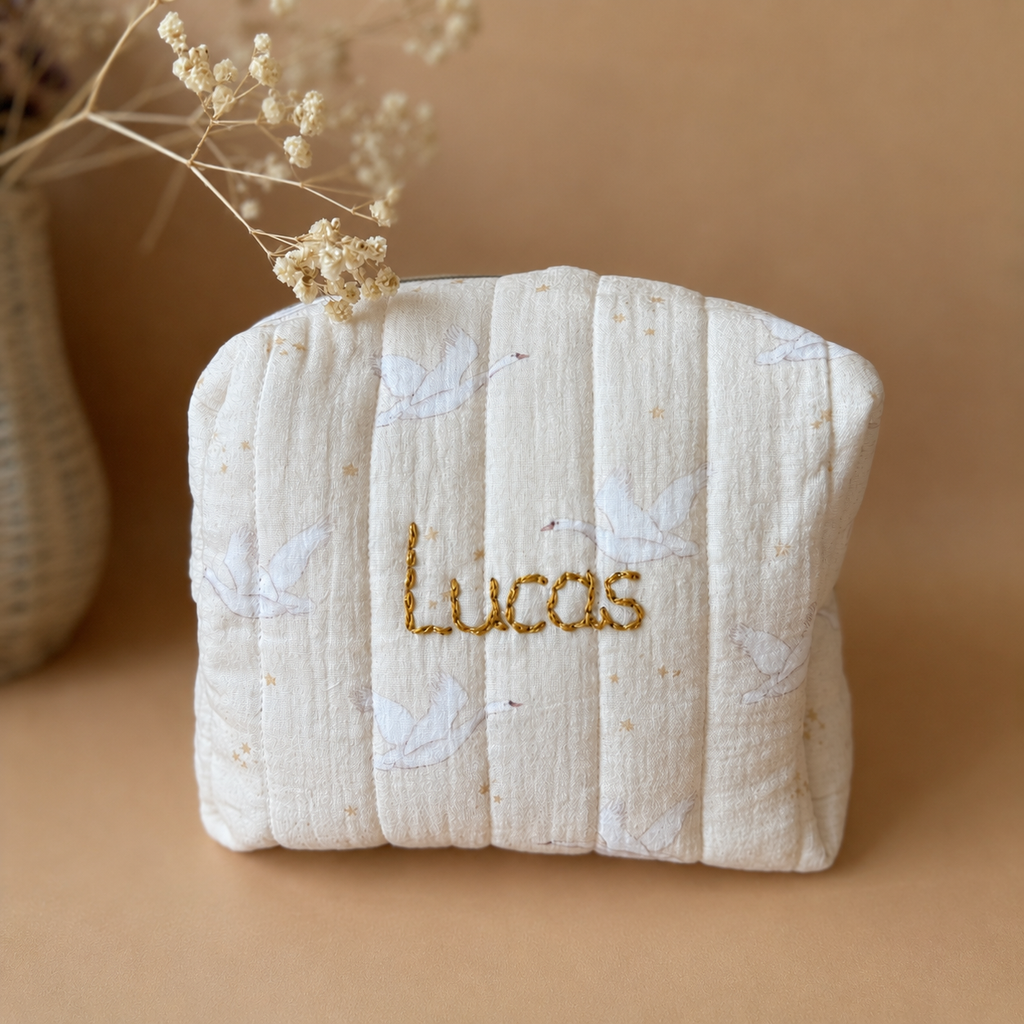 Trousse de toilette matelassée -  Motif Oies Blanches