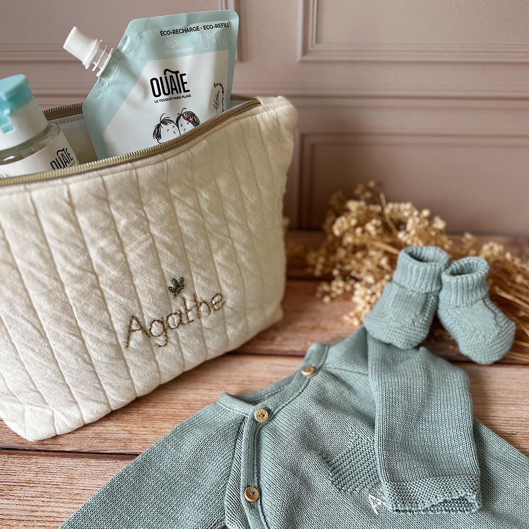 Trousseau de naissance personnalisé 3 pièces : le trio indispensable pour la maternité - Maille tricotée 100% coton - Made in France