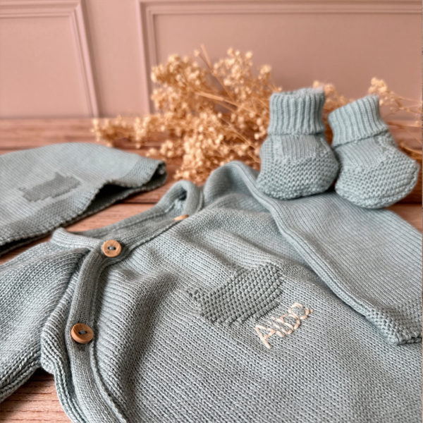 Trousseau de naissance personnalisé 3 pièces : le trio indispensable pour la maternité - Maille tricotée 100% coton - Made in France