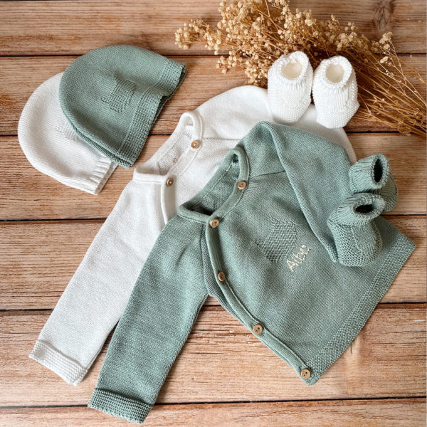 Trousseau de naissance personnalisé 3 pièces : le trio indispensable pour la maternité - Maille tricotée 100% coton - Made in France