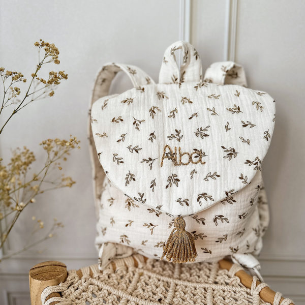 sac à dos en gaze de coton motif mirabelles, peroonnalisé a prénom de votre choux, 12avril