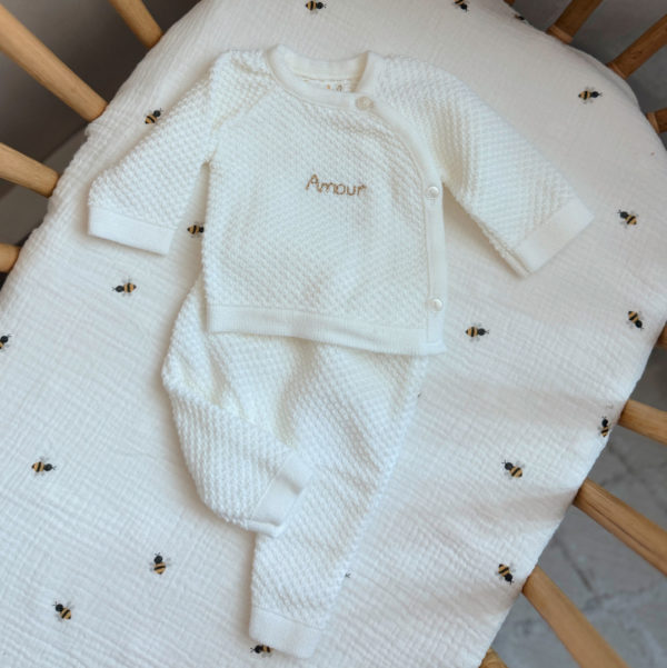 👶 Ensemble de naissance blanc en maille nid d'abeille – personnalisable