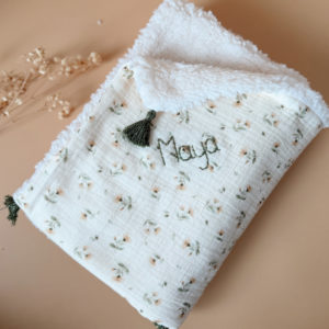 Couverture demie saison - Motif Fleuri vintage - Sherpa écru