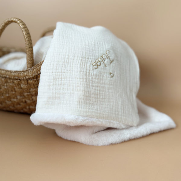 Couverture Chaude - Gaze de coton unie / Fausse fourrure écrue