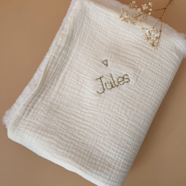 Couverture Chaude - Gaze de coton unie / Fausse fourrure écrue