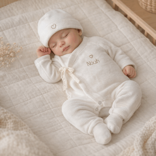 Le bonnet de naissance personnalisé pour bébé en maille velours côtelée est l'accessoire idéal pour les premiers jours de votre nouveau-né. Confectionné avec soin dans une maille éponge côtelée , ce bonnet offre à votre bébé douceur et confort incomparables. Il est fabriqué dans l’un de nos ateliers partenaires français. Un cadeau parfaitement adapté pour accueillir votre petit trésor dans le monde avec tendresse et douceur. Retrouvez dans la même gamme, nos petits chaussons de naissance. Grâce à sa texture et à sa conception, ce bonnet maintient la chaleur corporelle de votre bébé, de sorte que celui-ci sera bien au chaud pendant ses premiers jours. Ce bonnet peut être personnalisé avec l'initiale de bébé entouré d'un petit coeur ou bien d'un petit coeur vide, ce qui en fait un cadeau unique et attentionné. Offrez à votre bébé le confort et la chaleur dont il a besoin avec ce bonnet de naissance personnalisé en maille éponge côtelée. Un cadeau parfaitement adapté pour accueillir votre petit trésor dans le monde avec tendresse et douceur. Son design simple et élégant s'accorde facilement avec toutes les tenues de bébé, notamment à notre douce brassière de naissance ajourée écrue.