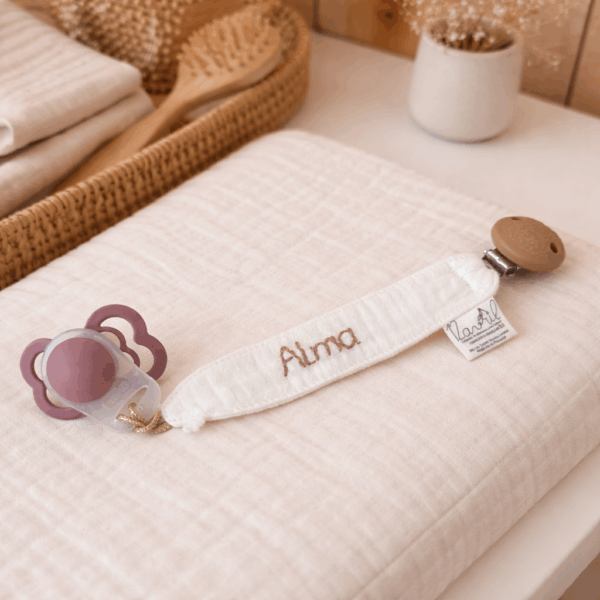 attache tétine 12avril gaze de coton écrue personnalisée