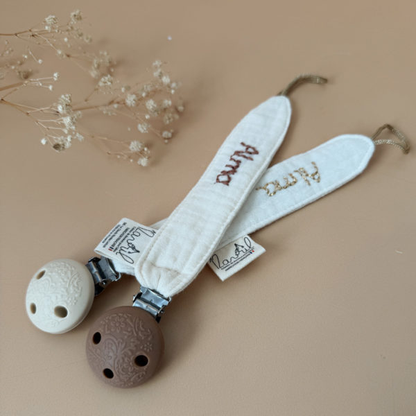 attache tétine gaze de coton écrue avec pince en silicone 12avril 2